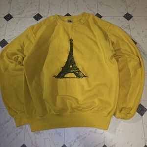 Vintage Fruit of the Loom Eiffel Tower Graphic Sweatshirt Yellow Men's Small